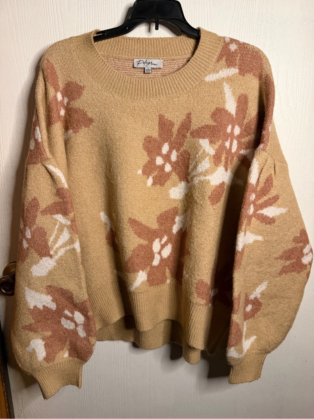 Polagram Camel Crewneck Sweater with Rust Floral & White Accents